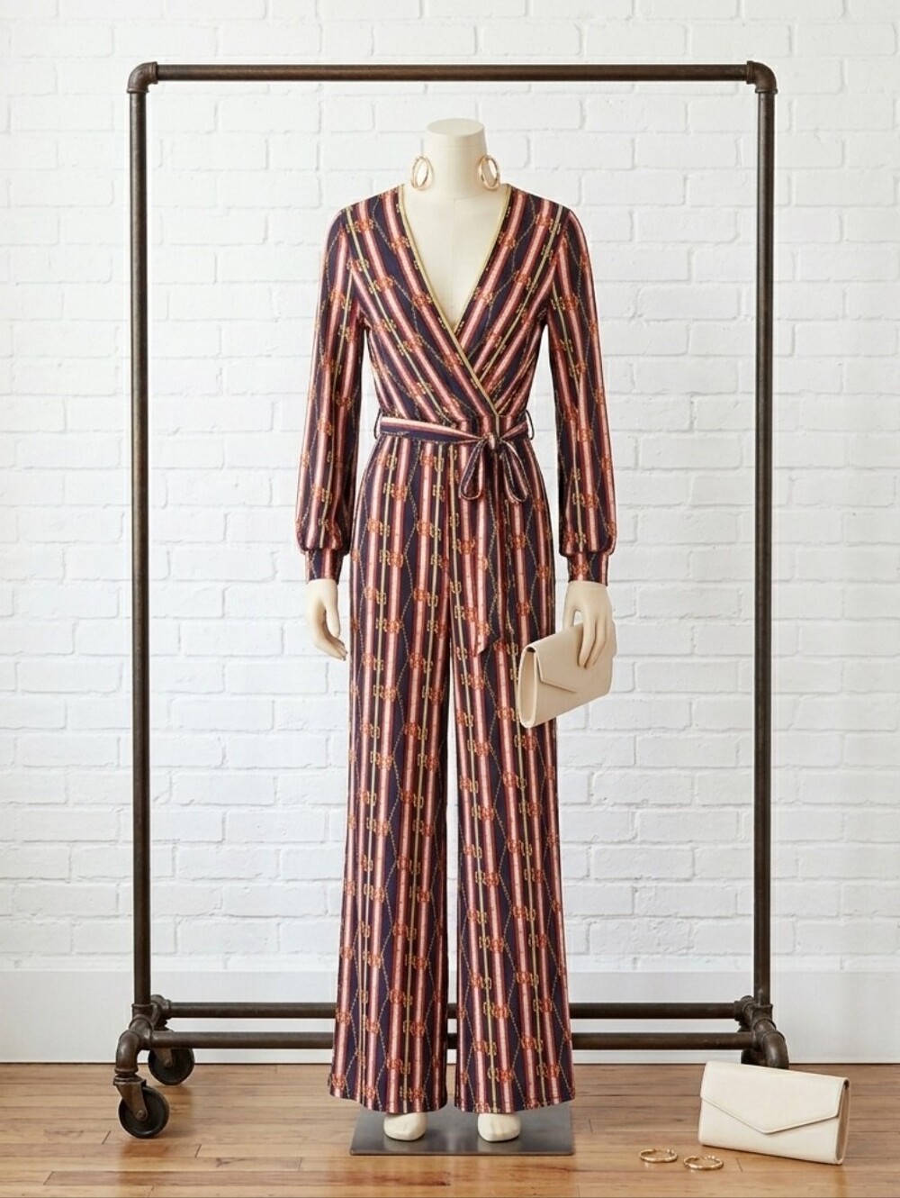 Fashion Nova Navy and Brown Striped Monogram Wrap Jumpsuit